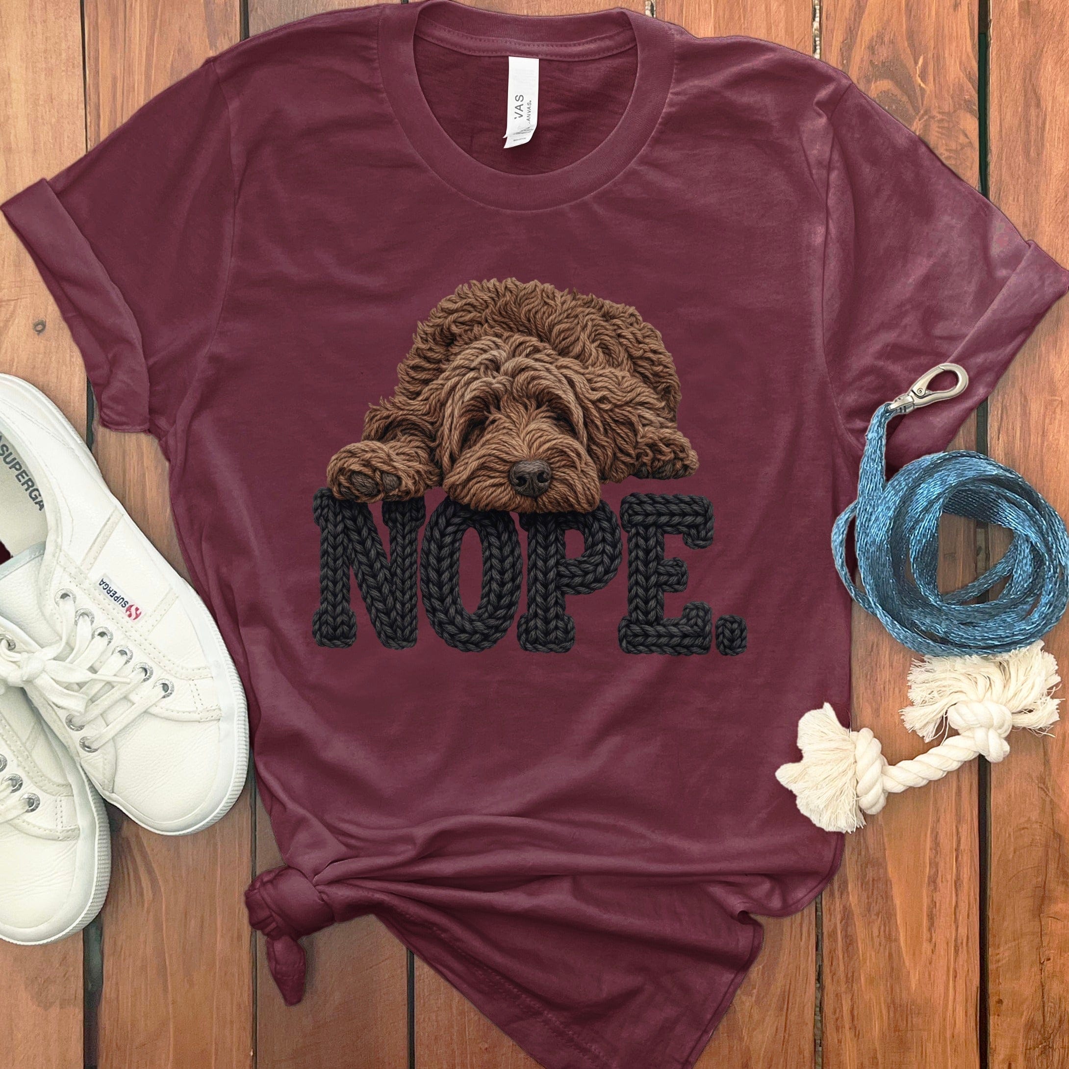 Chocolate Goldendoodle Faux Yarn Nope T-Shirt in Maroon / S by Puppy Jo