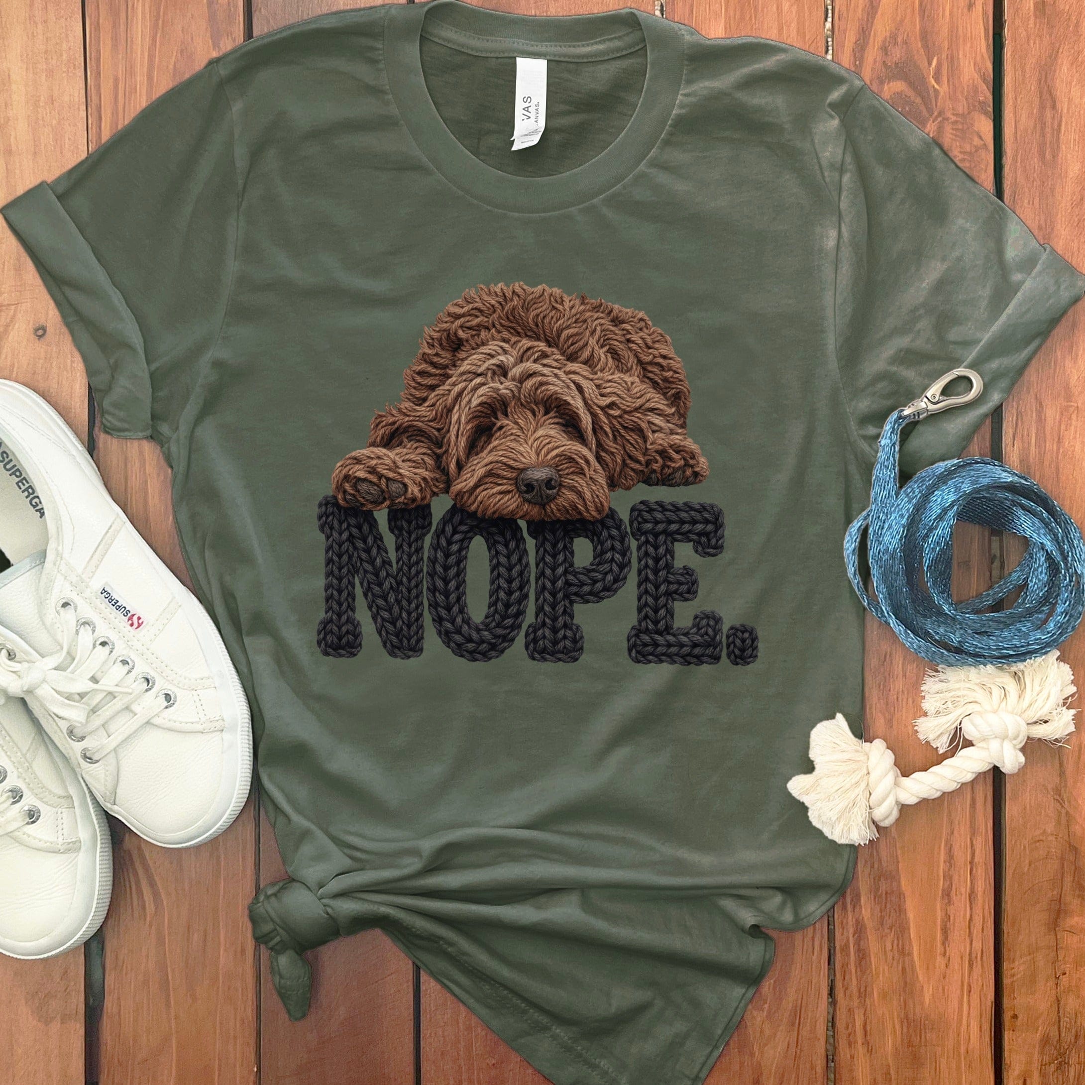 Chocolate Goldendoodle Faux Yarn Nope T-Shirt in Military Green / S by Puppy Jo