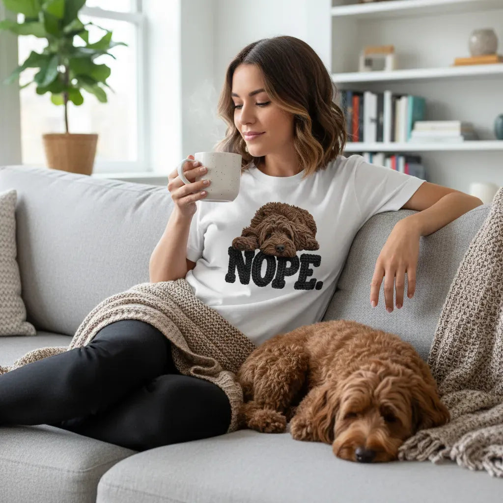Chocolate Goldendoodle Faux Yarn Nope T-Shirt in by Puppy Jo
