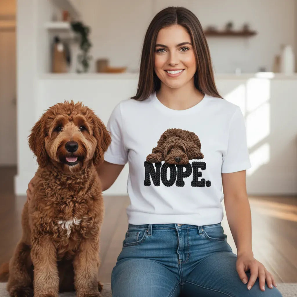 Chocolate Goldendoodle Faux Yarn Nope T-Shirt in by Puppy Jo