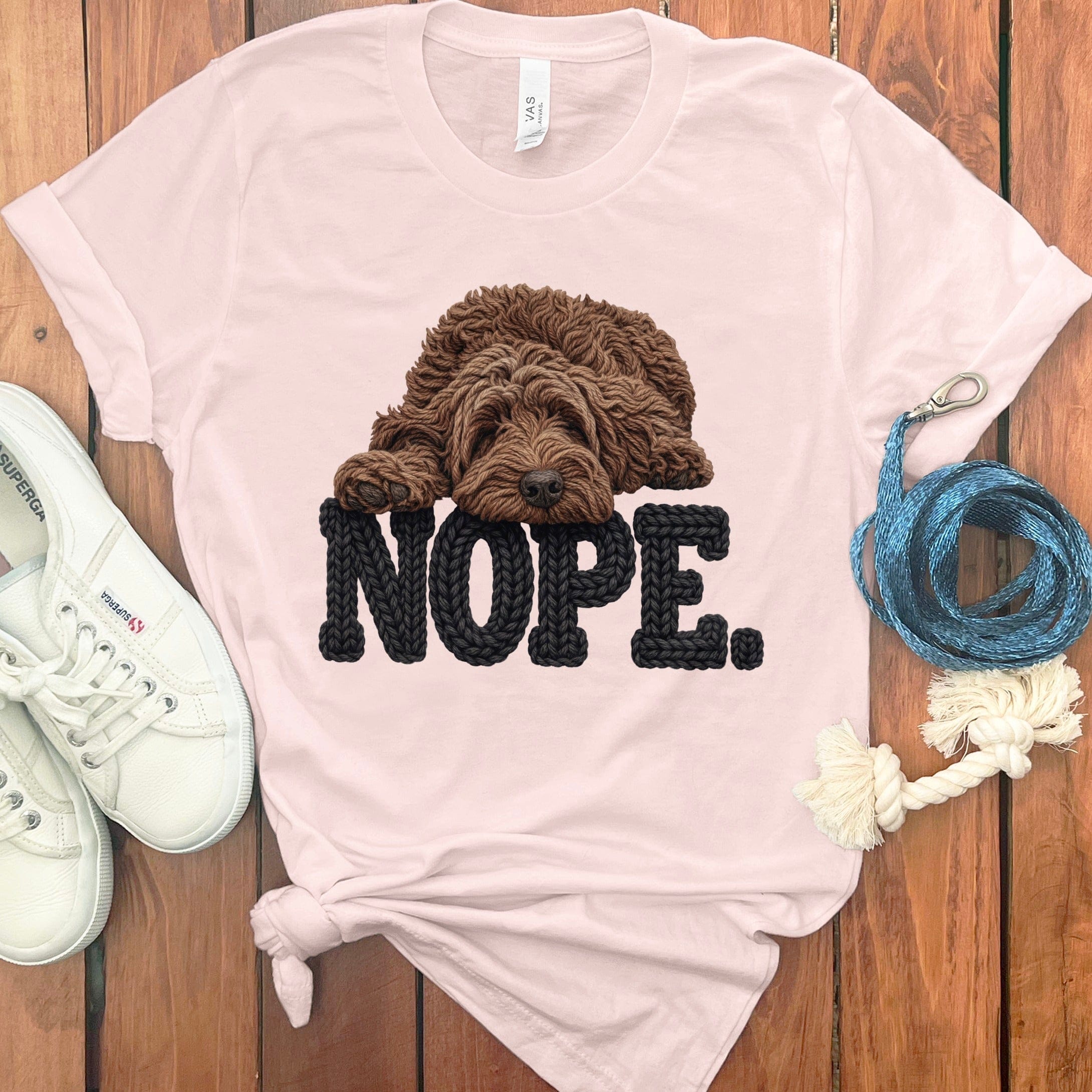 Chocolate Goldendoodle Faux Yarn Nope T-Shirt in Soft Pink / S by Puppy Jo