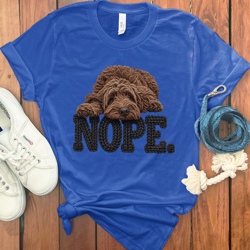 Chocolate Goldendoodle Faux Yarn Nope T-Shirt in True Royal / S by Puppy Jo