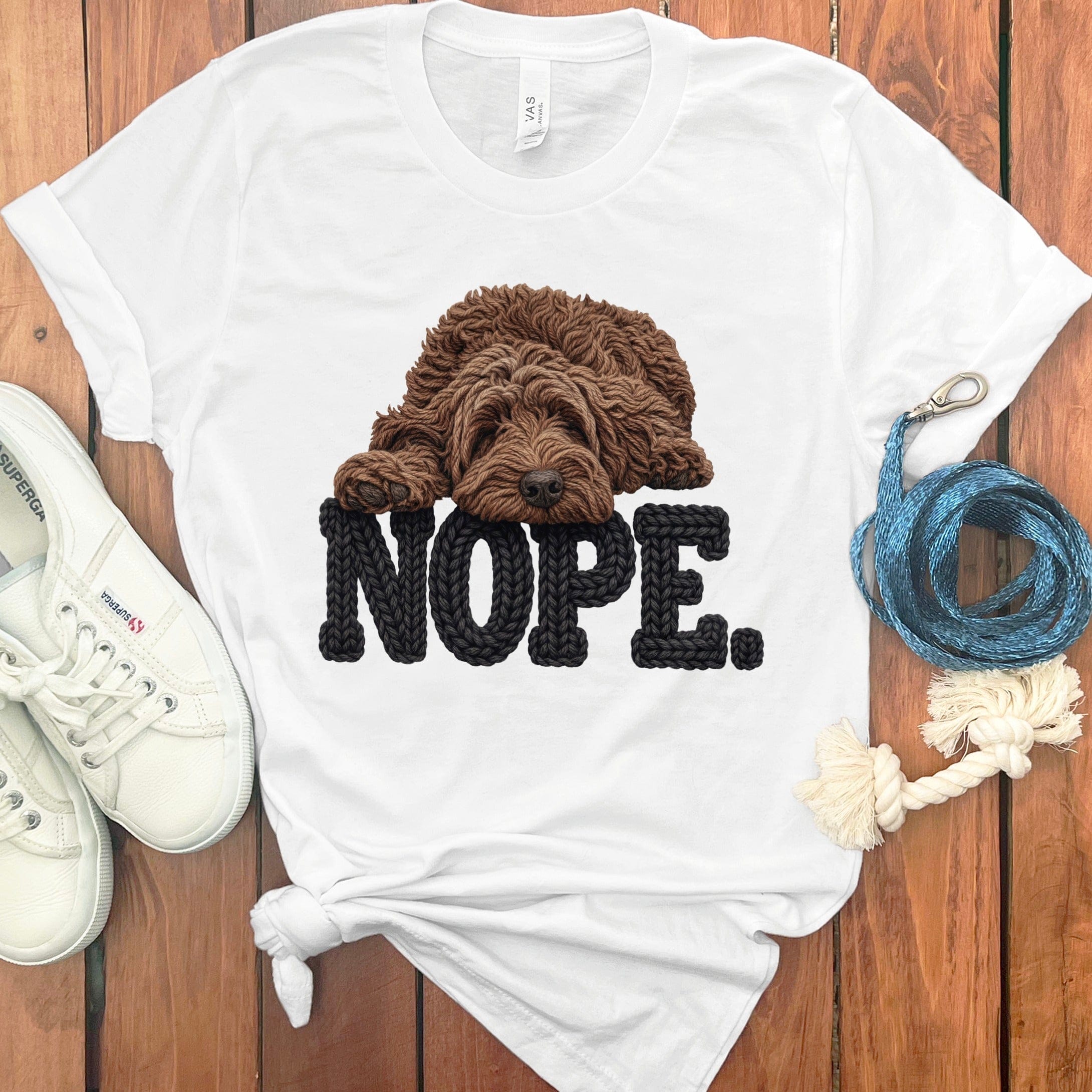 Chocolate Goldendoodle Faux Yarn Nope T-Shirt in White / S by Puppy Jo