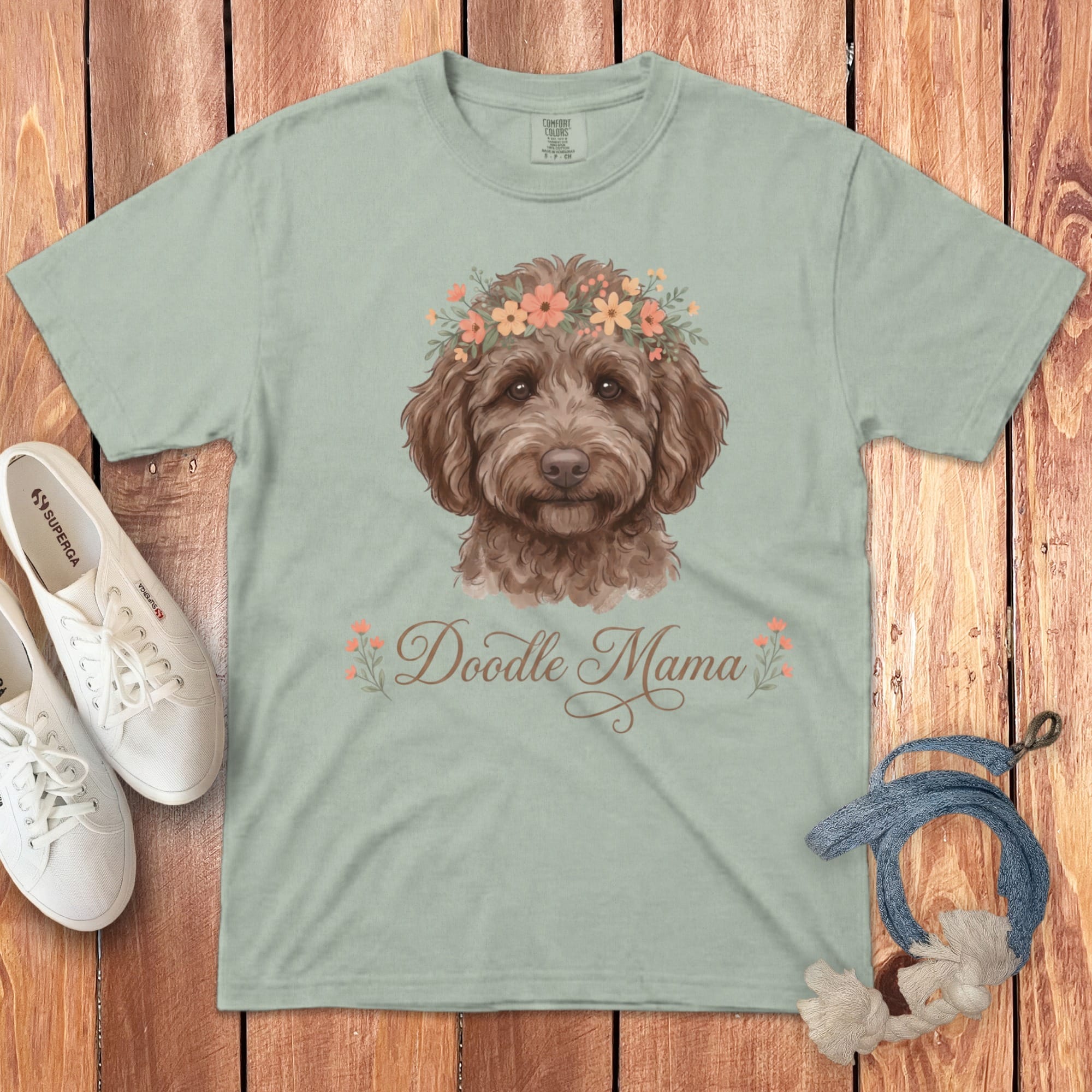 Chocolate Goldendoodle Floral Crown Signature T-Shirt in Bay / S by Puppy Jo