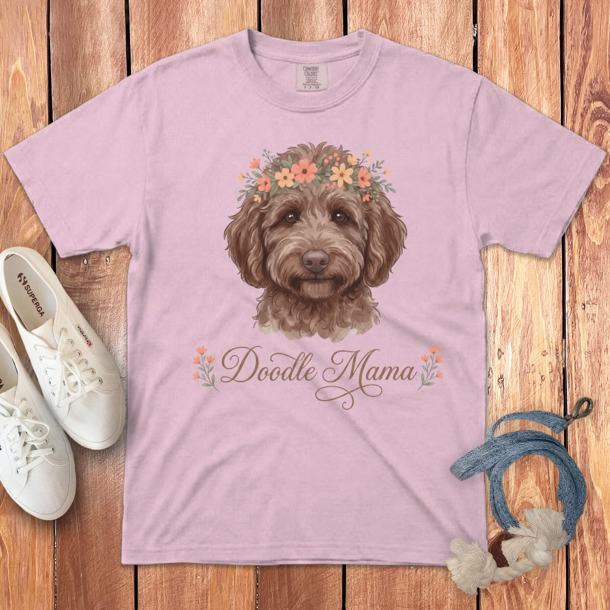 Chocolate Goldendoodle Floral Crown Signature T-Shirt in Blossom / S by Puppy Jo