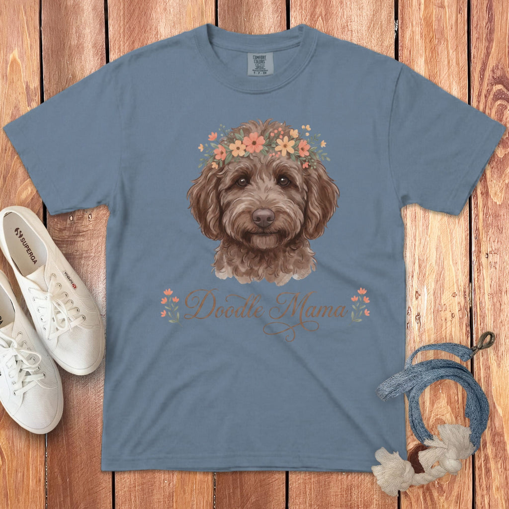 Chocolate Goldendoodle Floral Crown Signature T-Shirt in Blue Jean / S by Puppy Jo