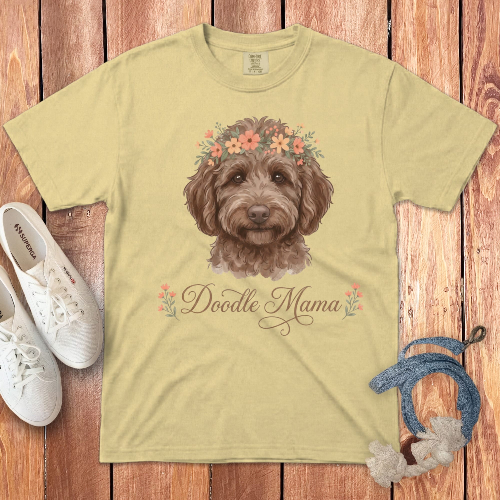 Chocolate Goldendoodle Floral Crown Signature T-Shirt in Butter / S by Puppy Jo