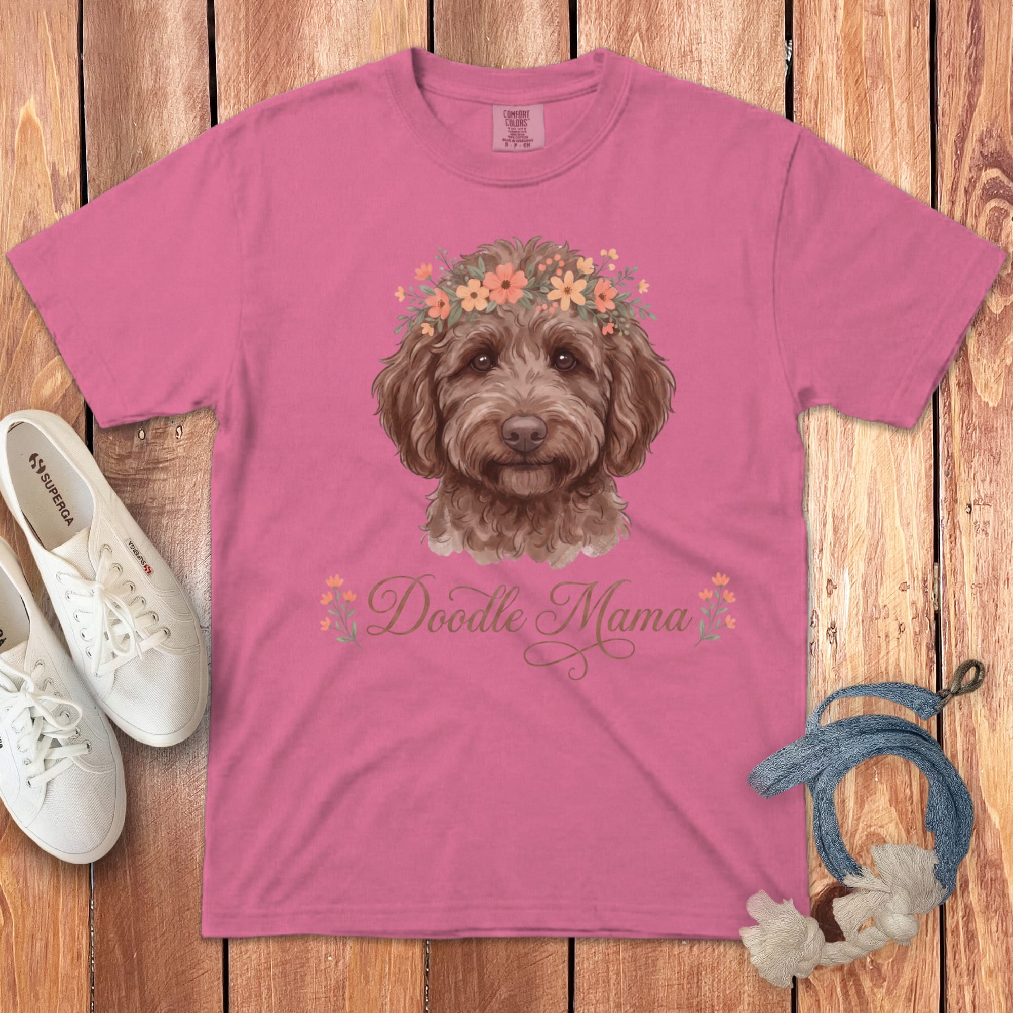 Chocolate Goldendoodle Floral Crown Signature T-Shirt in Crunchberry / S by Puppy Jo
