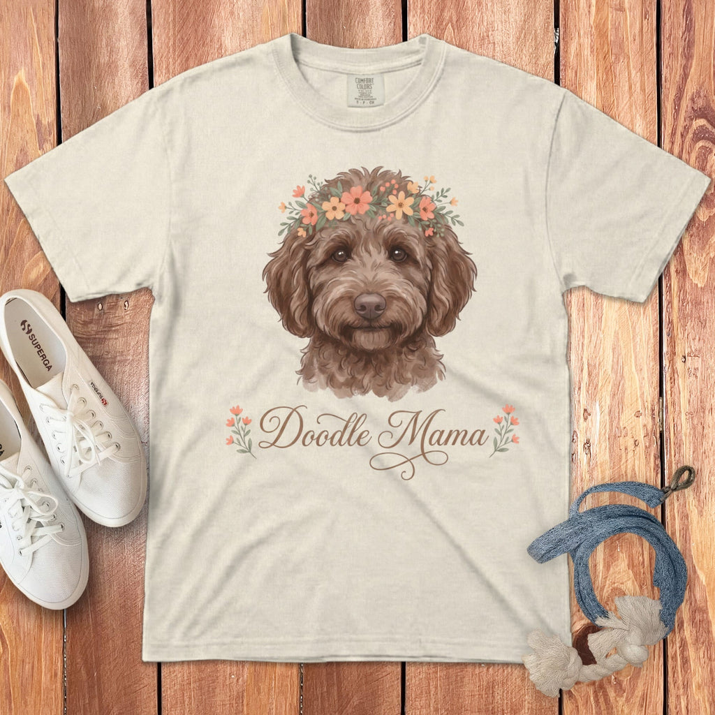 Chocolate Goldendoodle Floral Crown Signature T-Shirt in Ivory / S by Puppy Jo