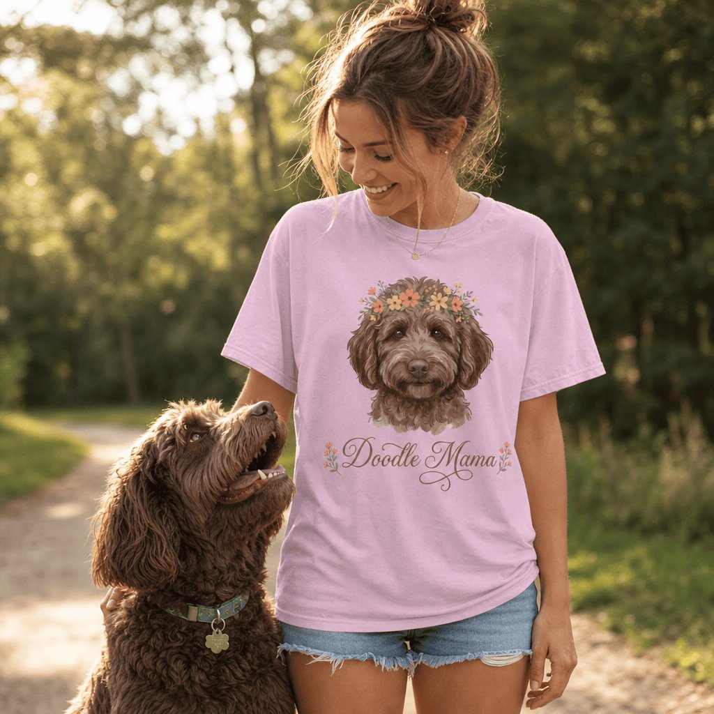 Chocolate Goldendoodle Floral Crown Signature T-Shirt in by Puppy Jo