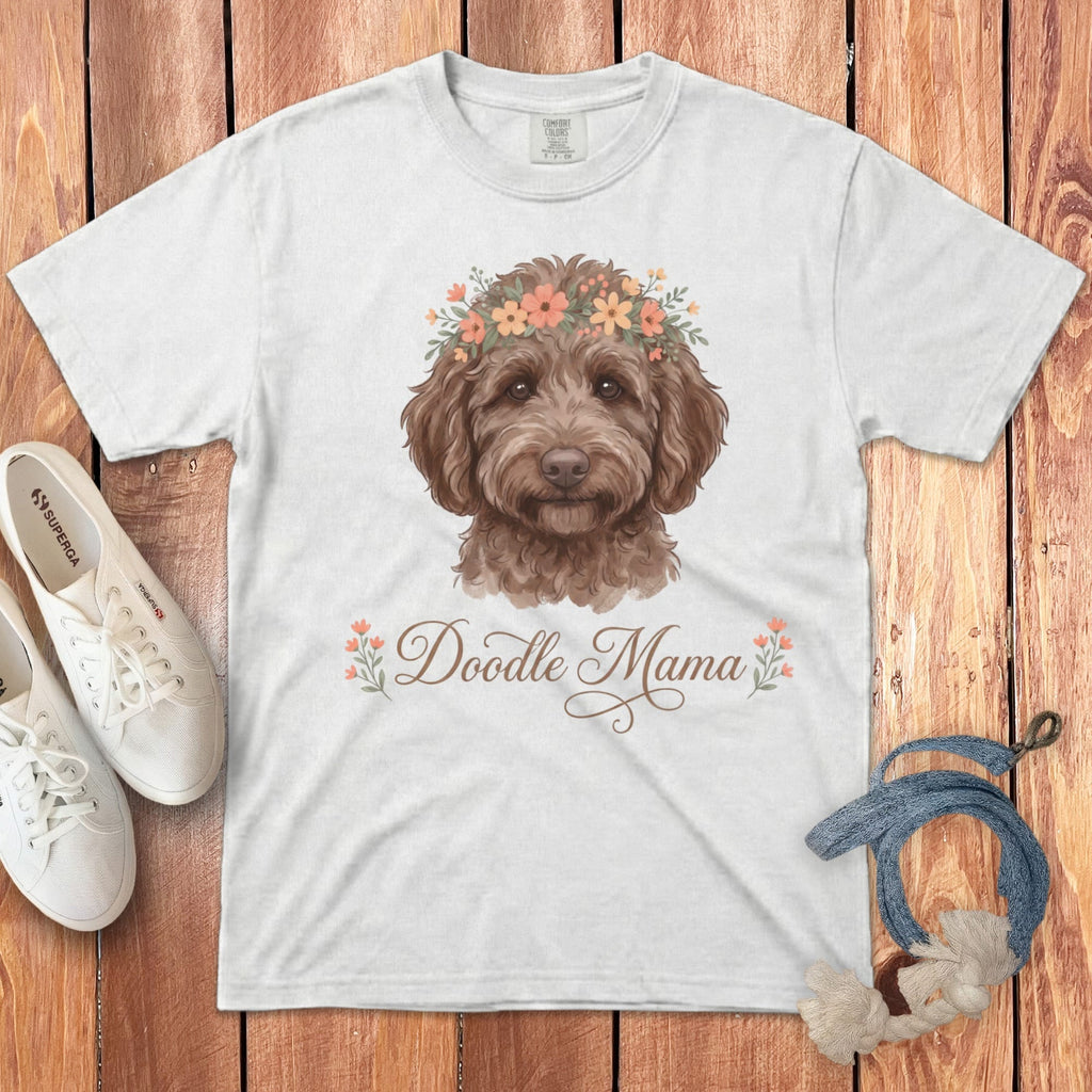 Chocolate Goldendoodle Floral Crown Signature T-Shirt in White / S by Puppy Jo