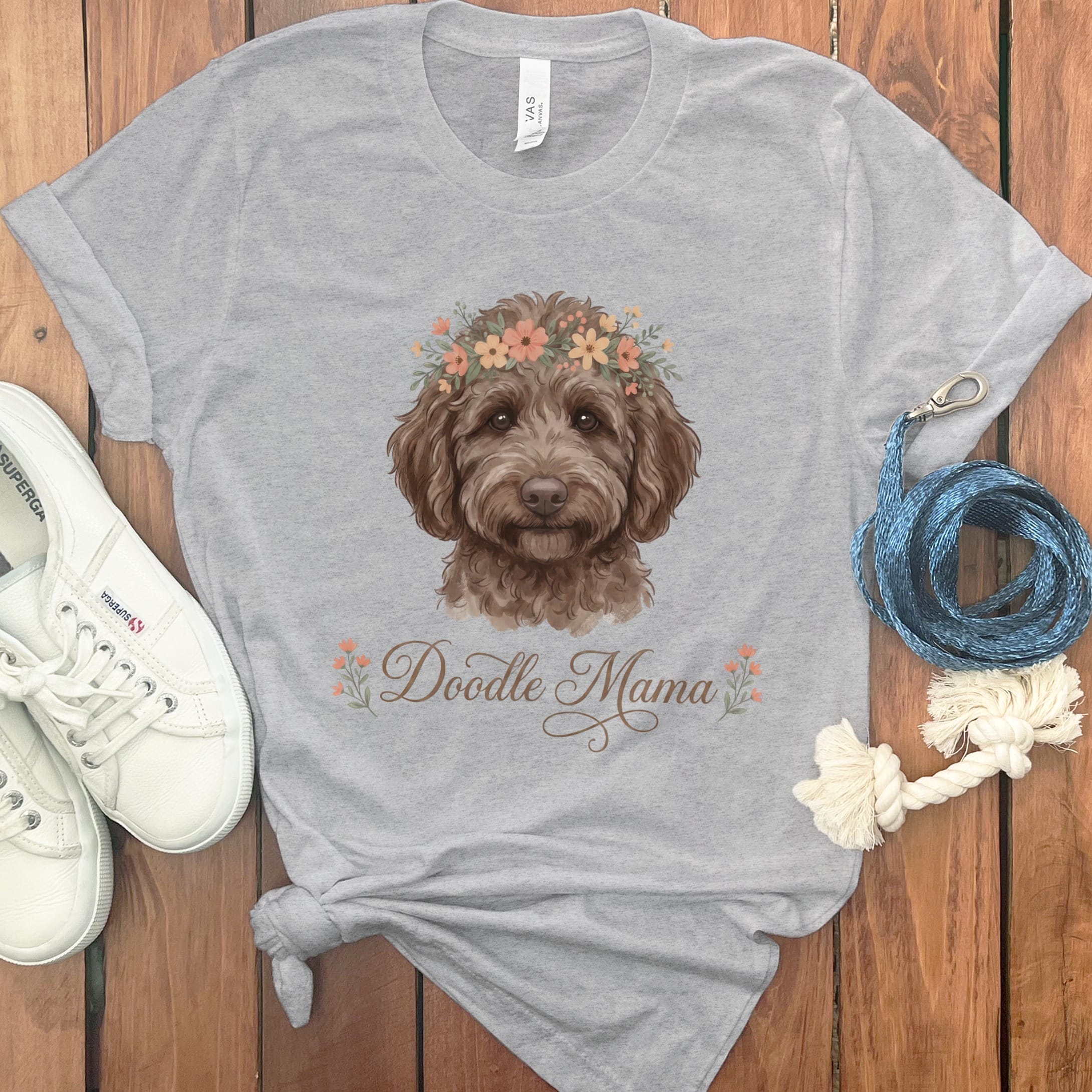 Chocolate Goldendoodle Floral Crown T-Shirt in Athletic Heather / S by Puppy Jo