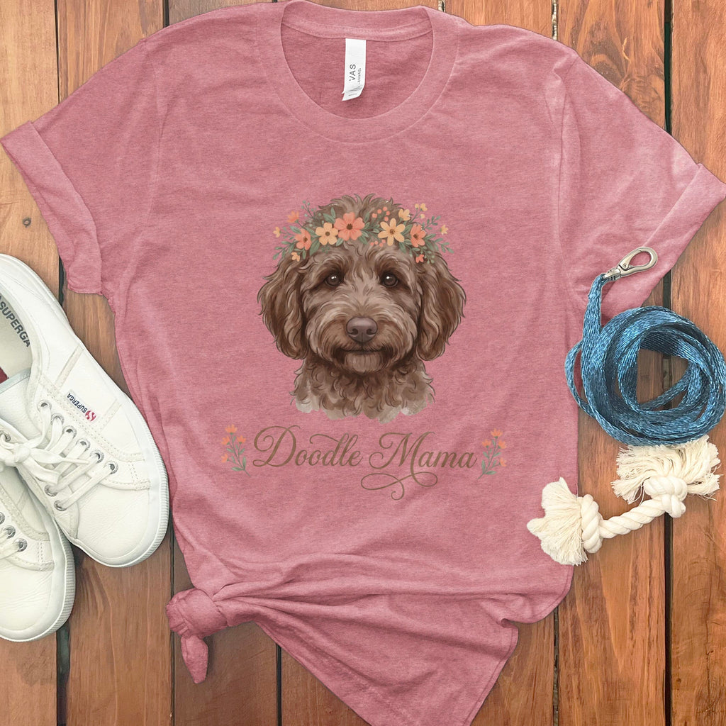 Chocolate Goldendoodle Floral Crown T-Shirt in Heather Mauve / S by Puppy Jo