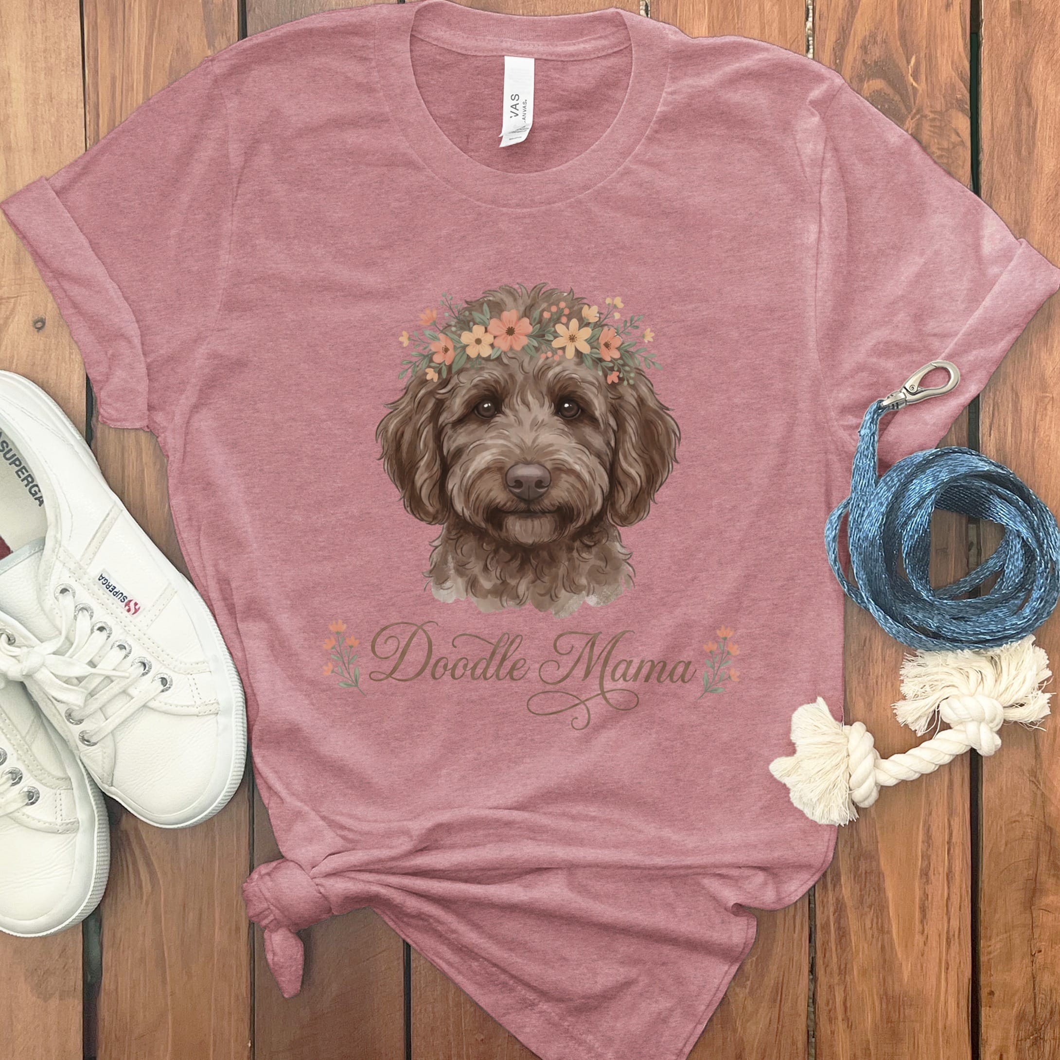 Chocolate Goldendoodle Floral Crown T-Shirt in Heather Mauve / S by Puppy Jo