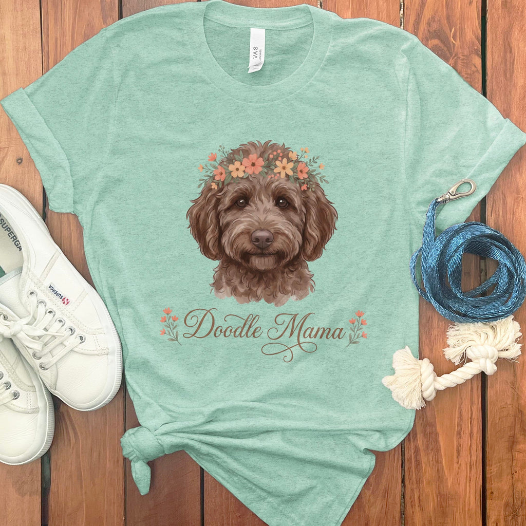 Chocolate Goldendoodle Floral Crown T-Shirt in Heather Mint / XL by Puppy Jo
