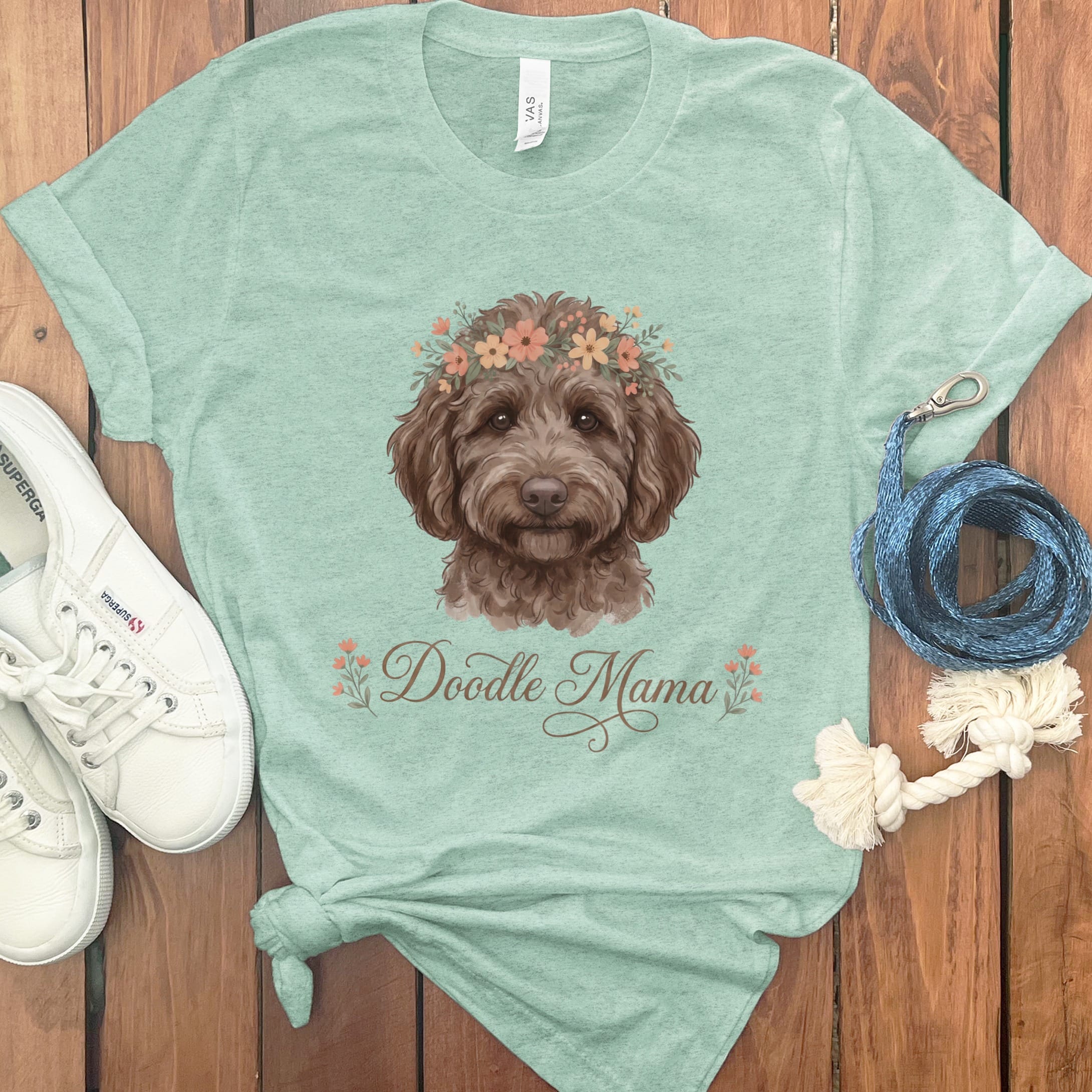 Chocolate Goldendoodle Floral Crown T-Shirt in Heather Mint / XL by Puppy Jo