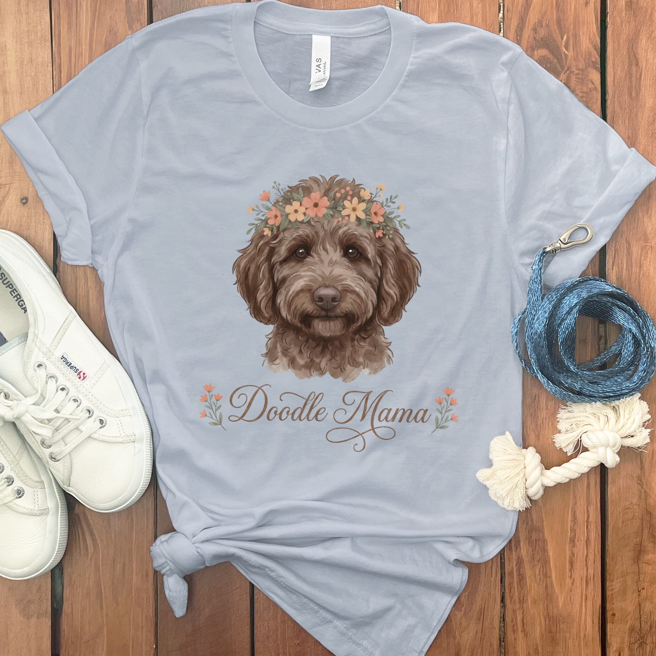 Chocolate Goldendoodle Floral Crown T-Shirt in Light Blue / S by Puppy Jo