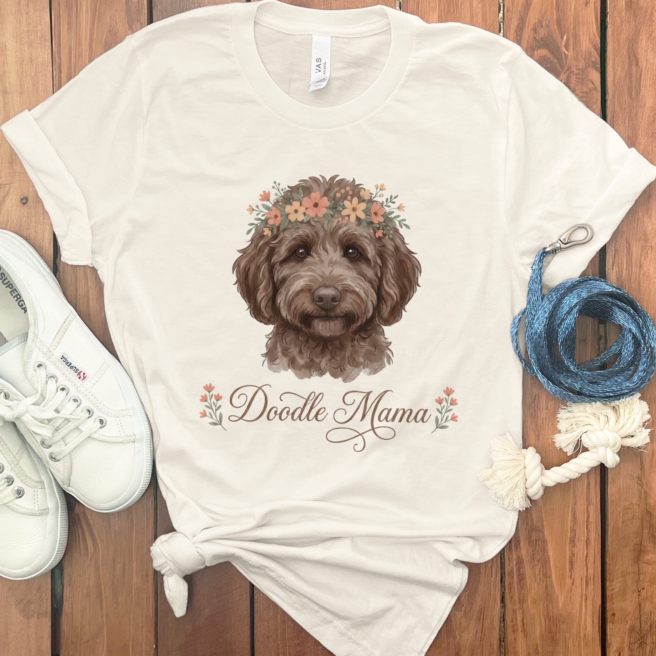 Chocolate Goldendoodle Floral Crown T-Shirt in Natural / S by Puppy Jo