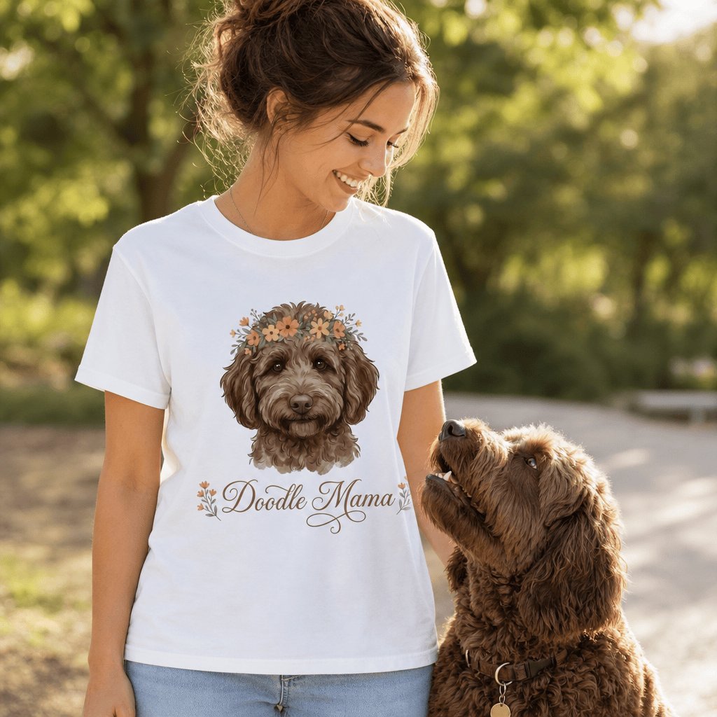 Chocolate Goldendoodle Floral Crown T-Shirt in by Puppy Jo