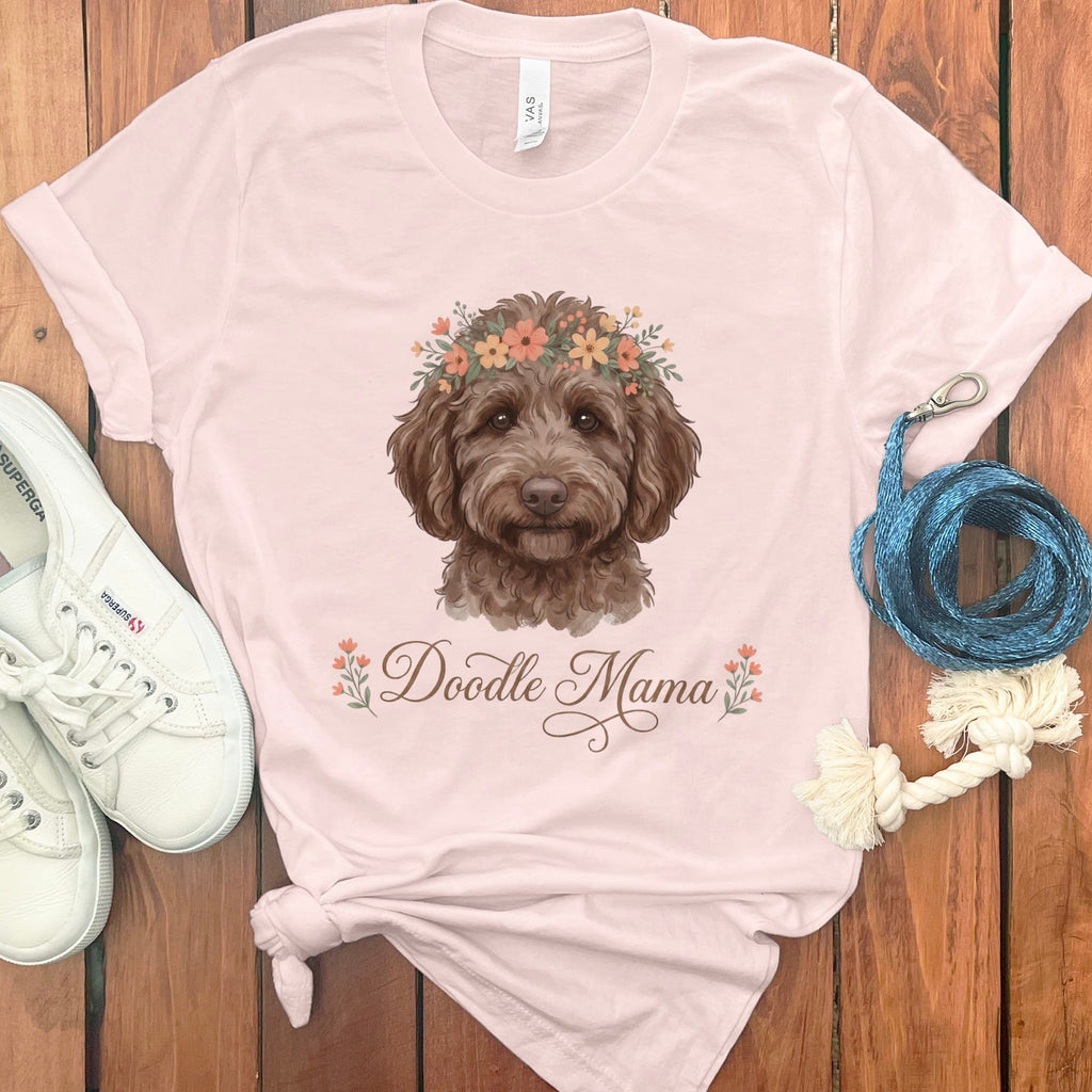 Chocolate Goldendoodle Floral Crown T-Shirt in Soft Pink / S by Puppy Jo