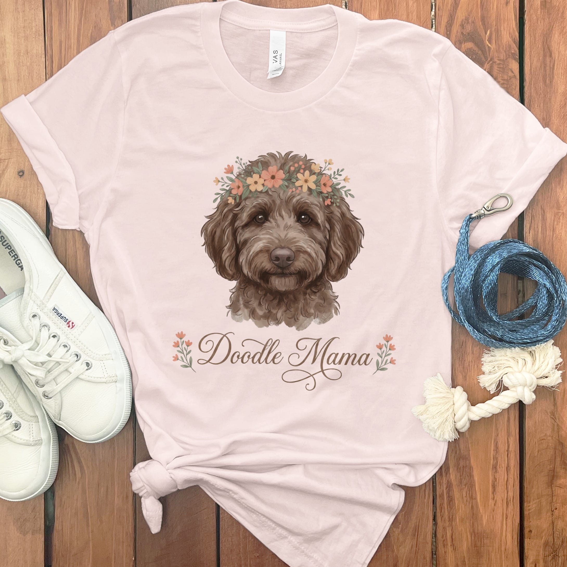 Chocolate Goldendoodle Floral Crown T-Shirt in Soft Pink / S by Puppy Jo