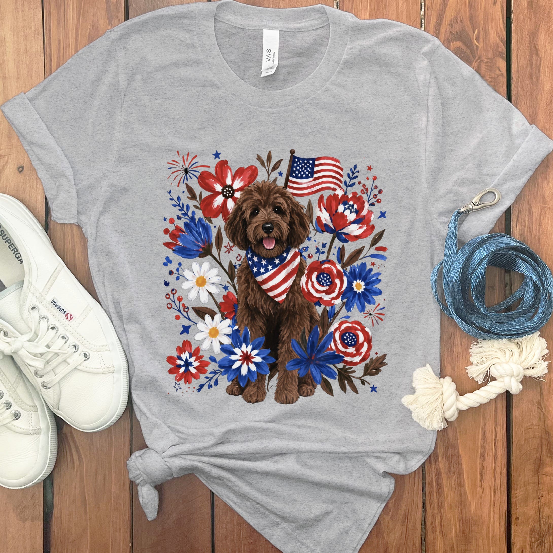Chocolate Goldendoodle Floral Spirit T-Shirt in Athletic Heather / S by Puppy Jo