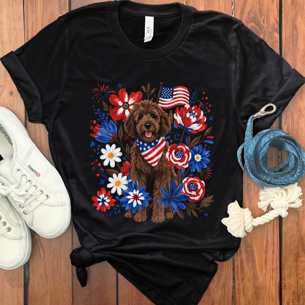 Chocolate Goldendoodle Floral Spirit T-Shirt in Black / S by Puppy Jo
