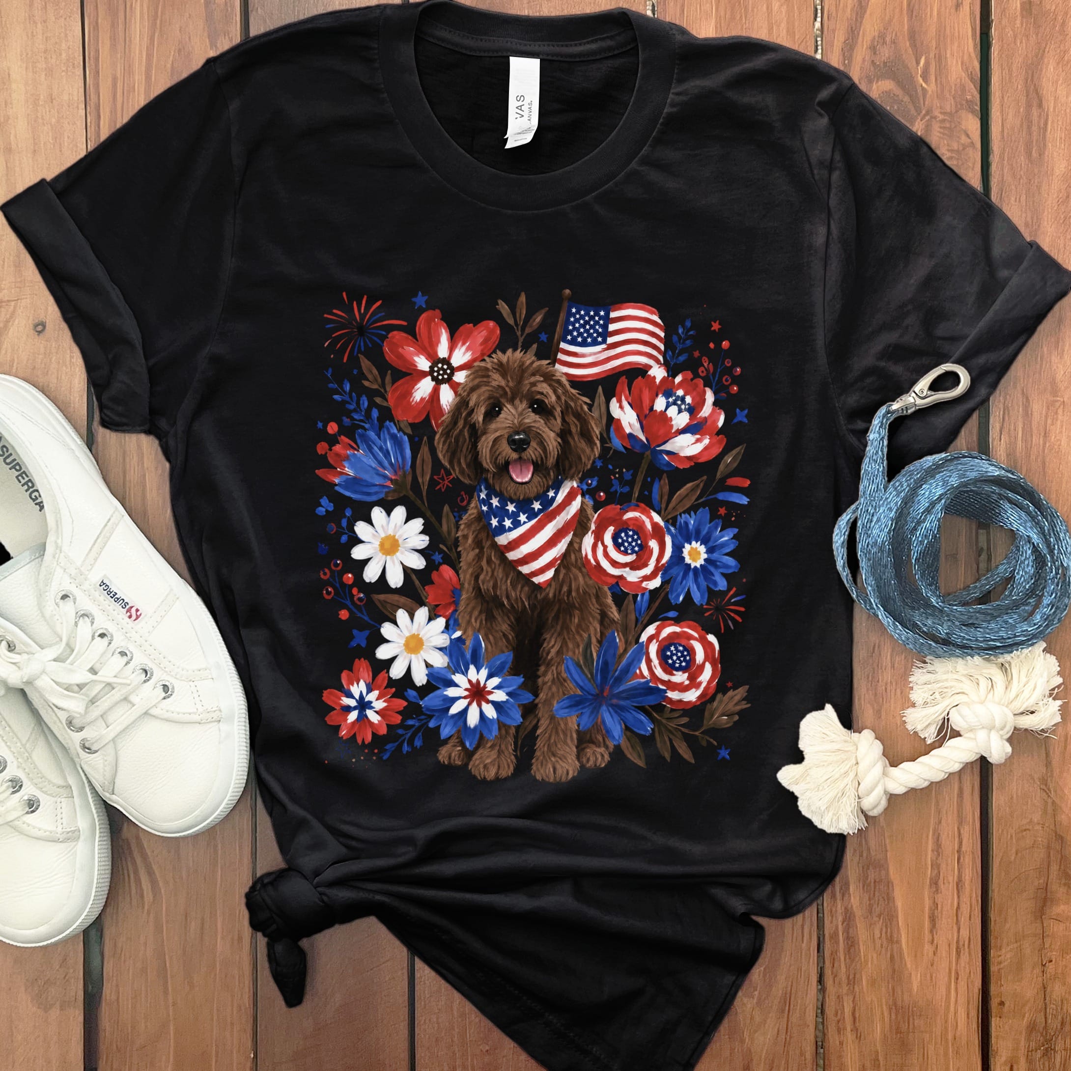 Chocolate Goldendoodle Floral Spirit T-Shirt in Black / S by Puppy Jo