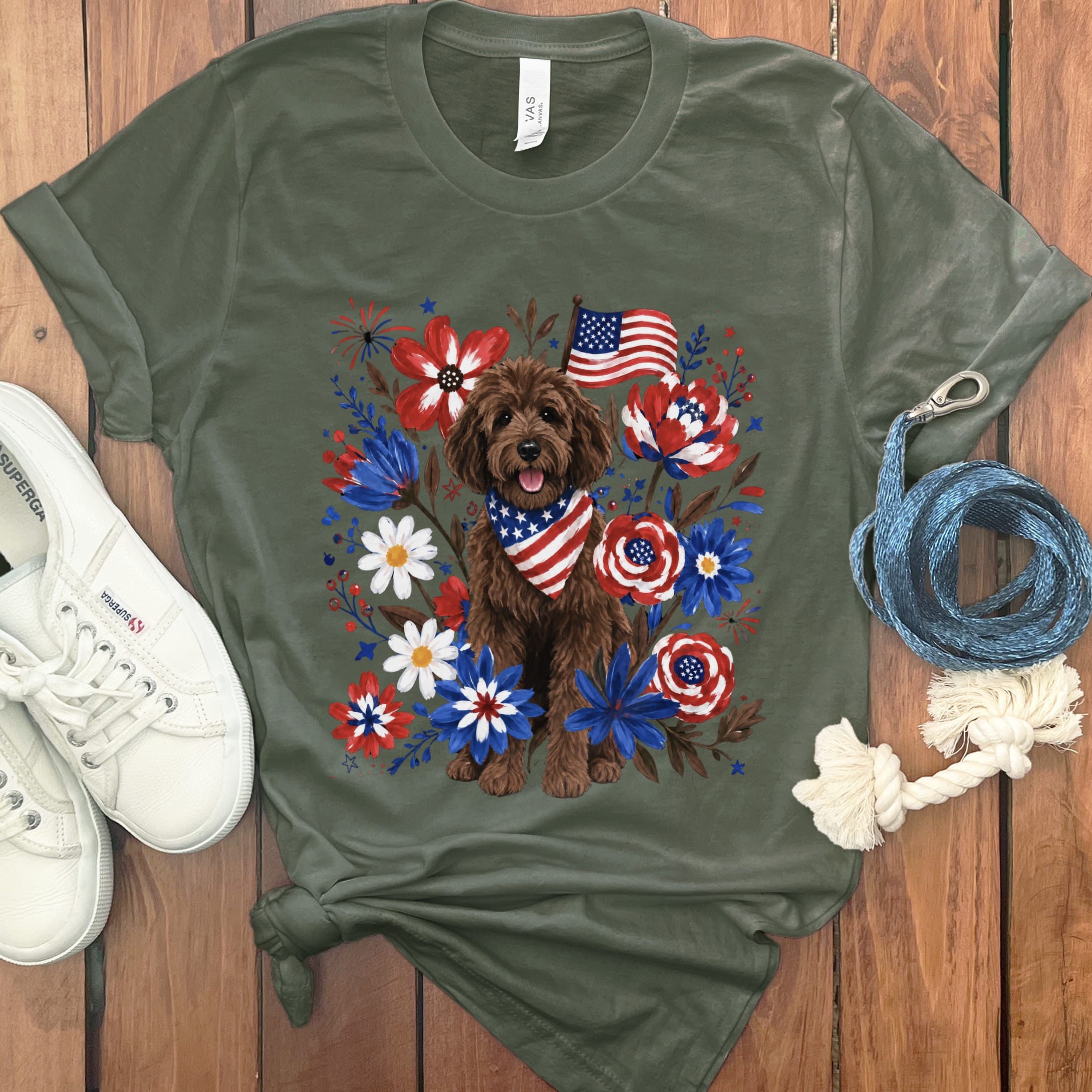Chocolate Goldendoodle Floral Spirit T-Shirt in Military Green / S by Puppy Jo
