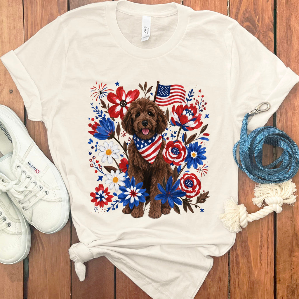 Chocolate Goldendoodle Floral Spirit T-Shirt in Natural / S by Puppy Jo