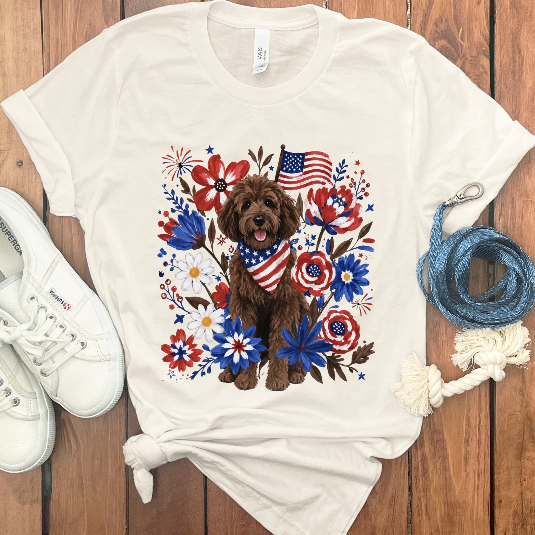 Chocolate Goldendoodle Floral Spirit T-Shirt in Natural / S by Puppy Jo