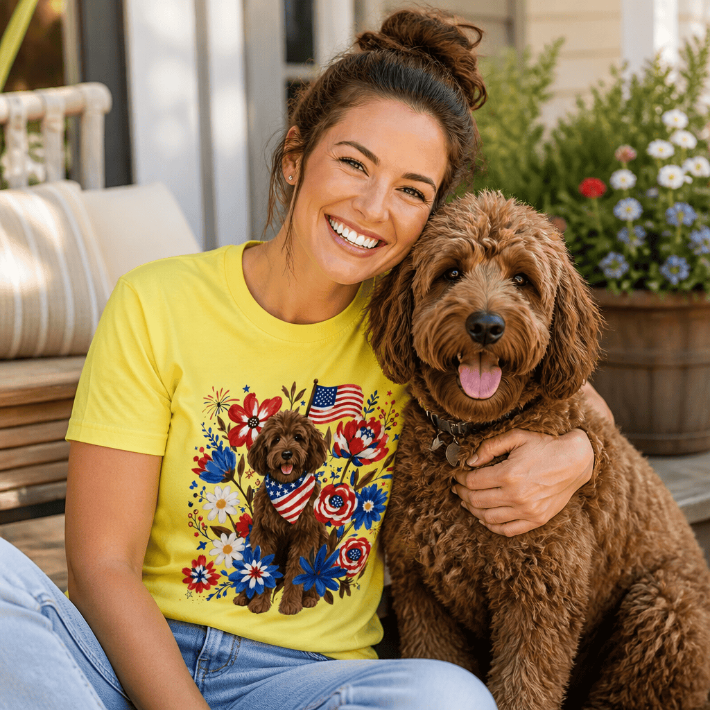 Chocolate Goldendoodle Floral Spirit T-Shirt in by Puppy Jo