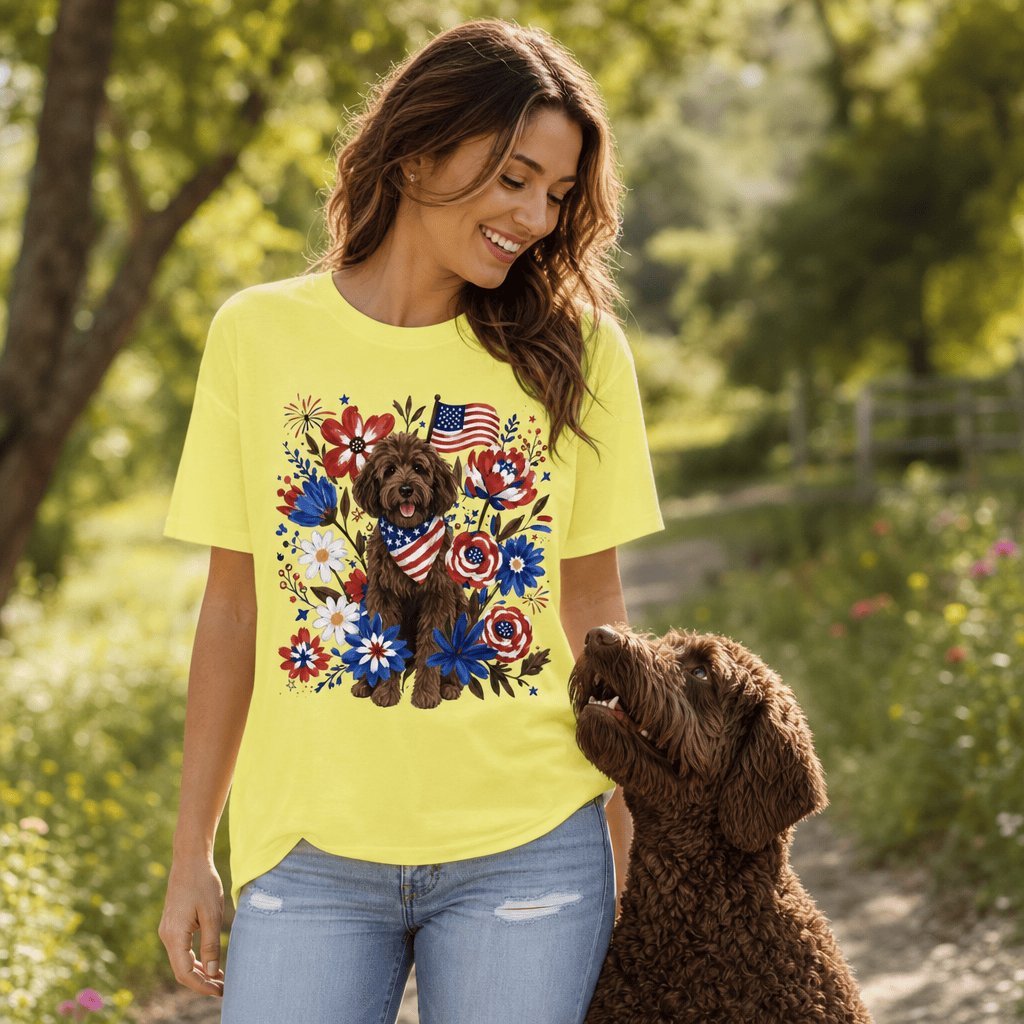 Chocolate Goldendoodle Floral Spirit T-Shirt in by Puppy Jo