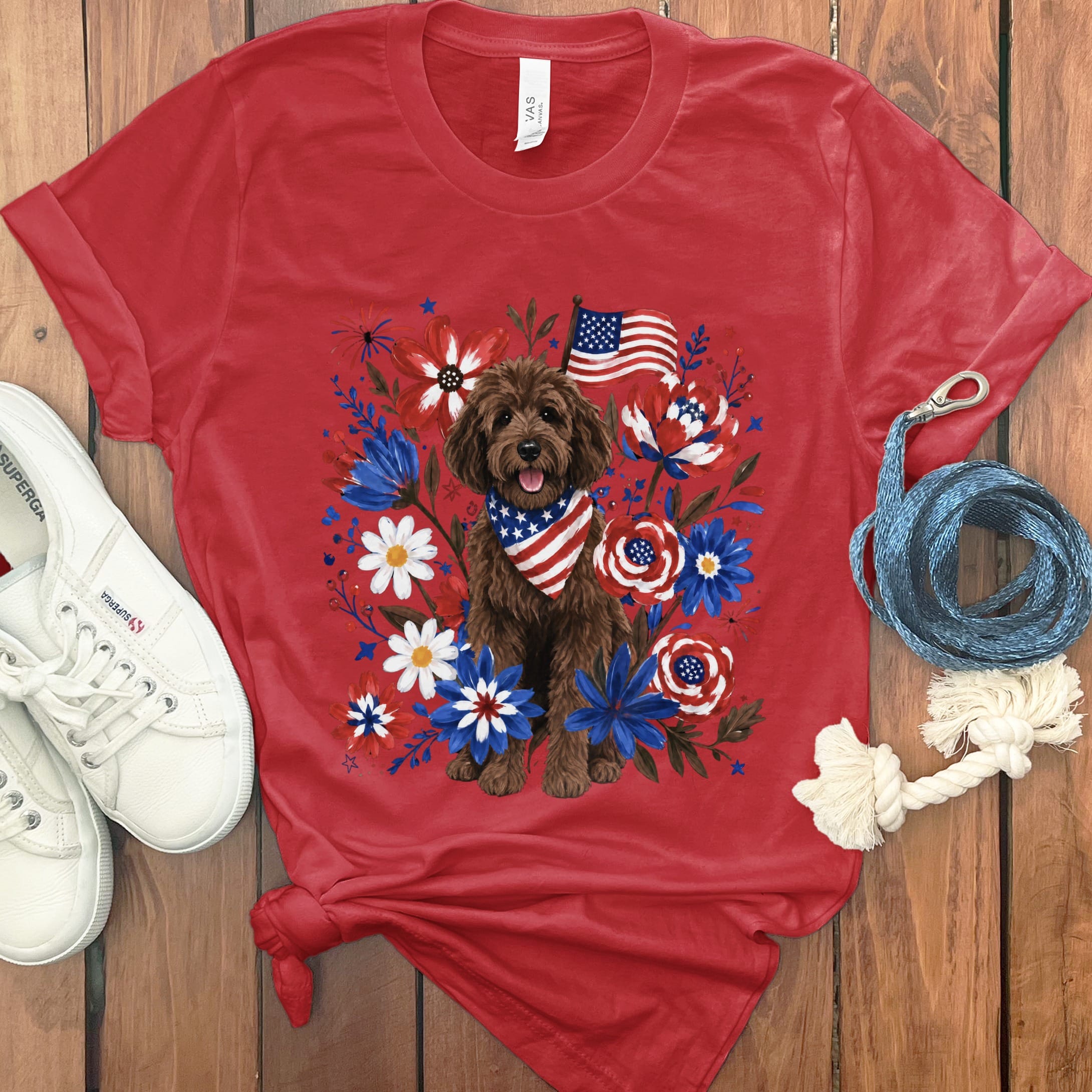 Chocolate Goldendoodle Floral Spirit T-Shirt in Red / S by Puppy Jo