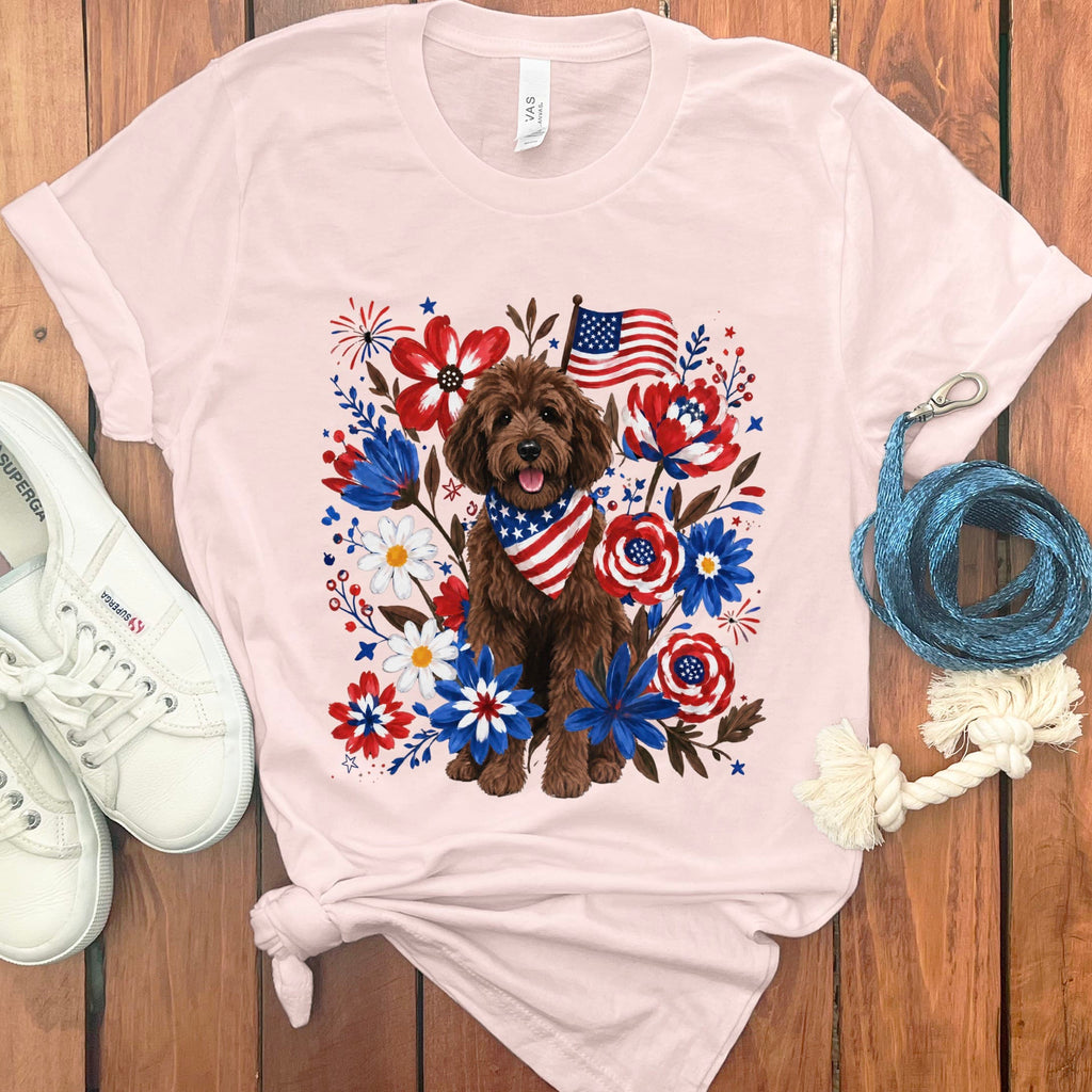 Chocolate Goldendoodle Floral Spirit T-Shirt in Soft Pink / S by Puppy Jo