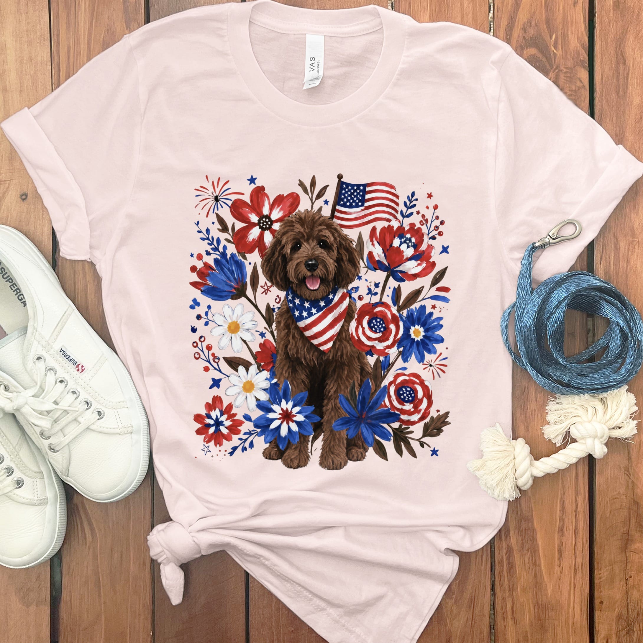 Chocolate Goldendoodle Floral Spirit T-Shirt in Soft Pink / S by Puppy Jo
