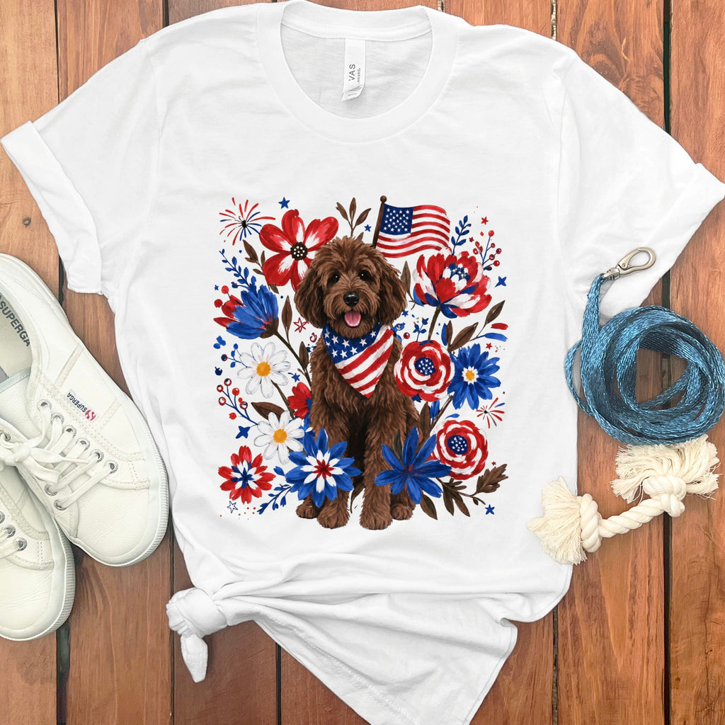Chocolate Goldendoodle Floral Spirit T-Shirt in White / S by Puppy Jo