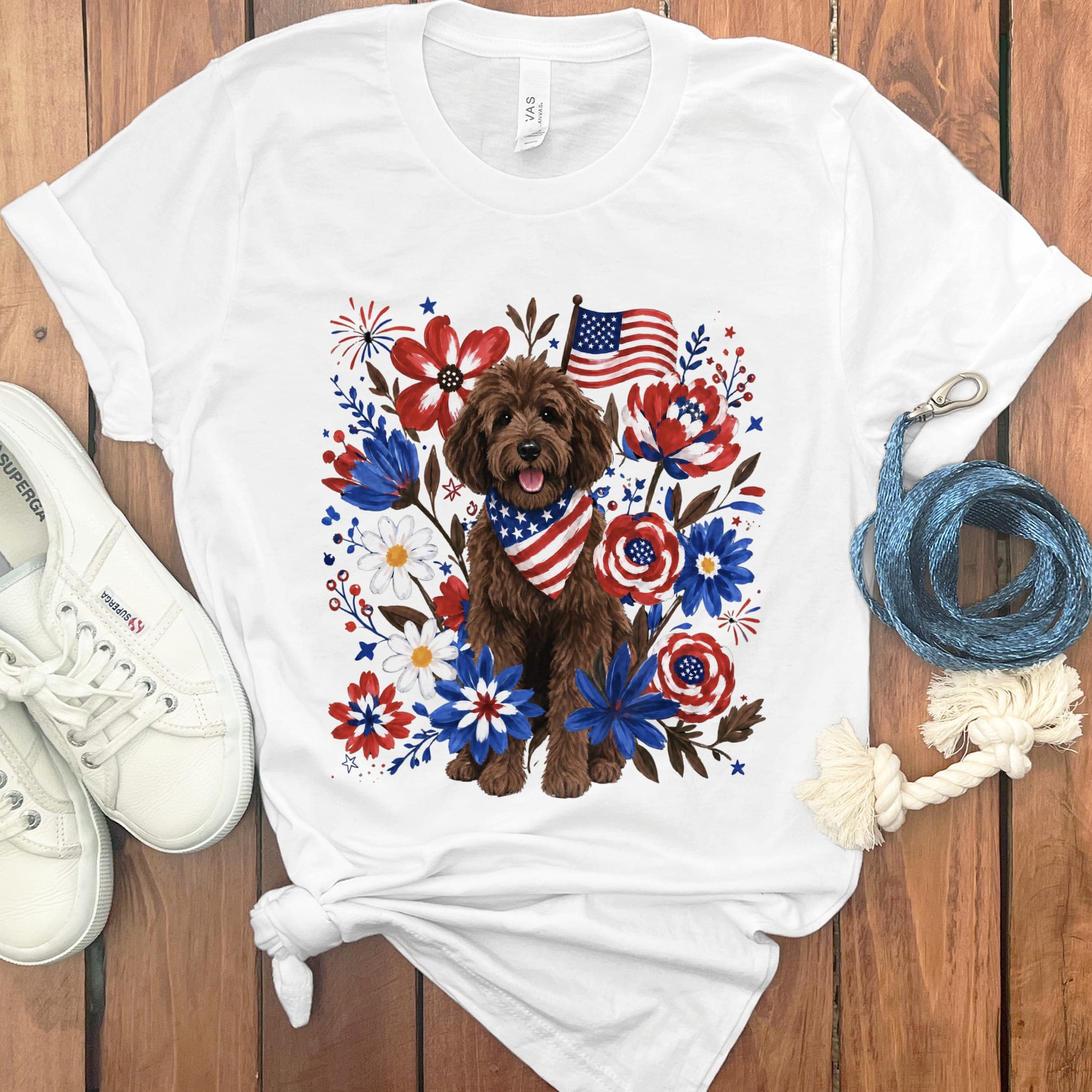 Chocolate Goldendoodle Floral Spirit T-Shirt in White / S by Puppy Jo