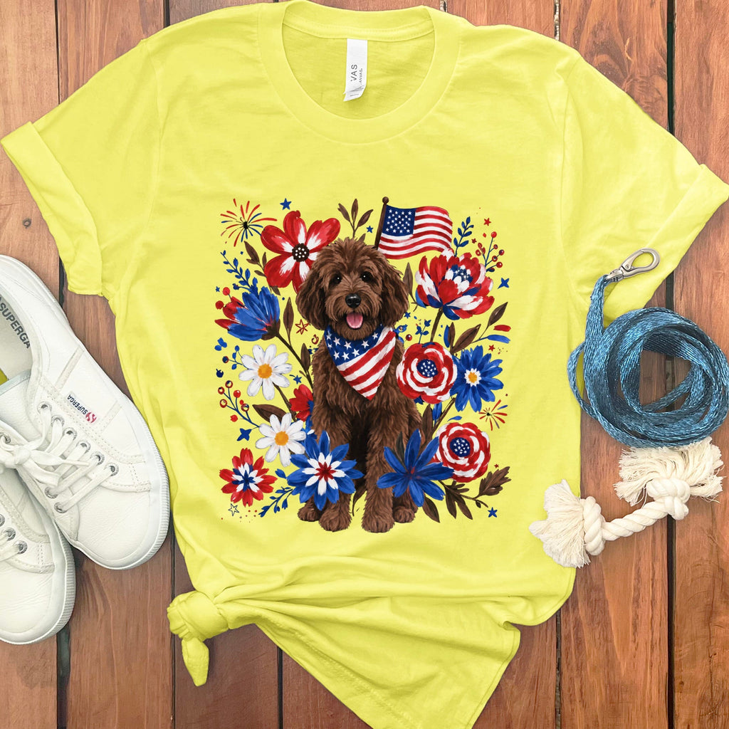 Chocolate Goldendoodle Floral Spirit T-Shirt in Yellow / S by Puppy Jo