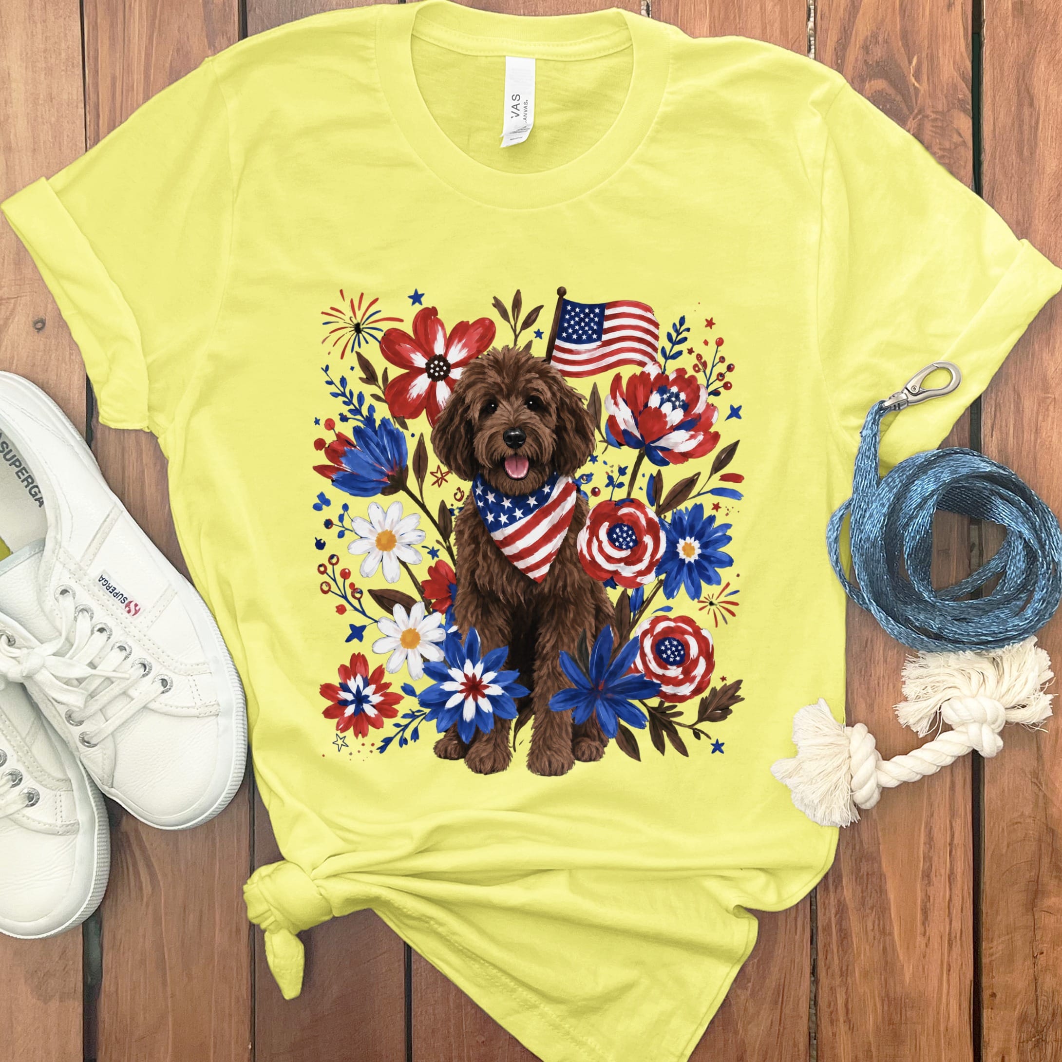 Chocolate Goldendoodle Floral Spirit T-Shirt in Yellow / S by Puppy Jo