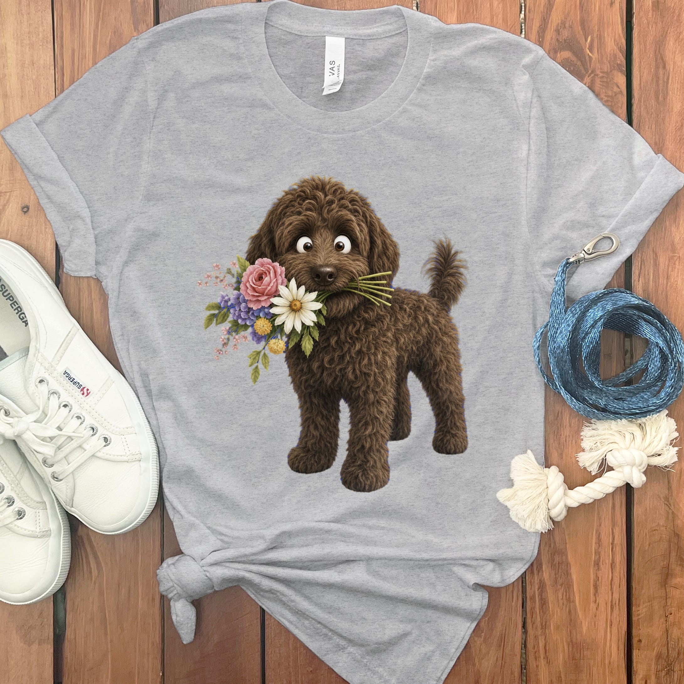 Chocolate Goldendoodle Flower Shop T-Shirt in Athletic Heather / S by Puppy Jo