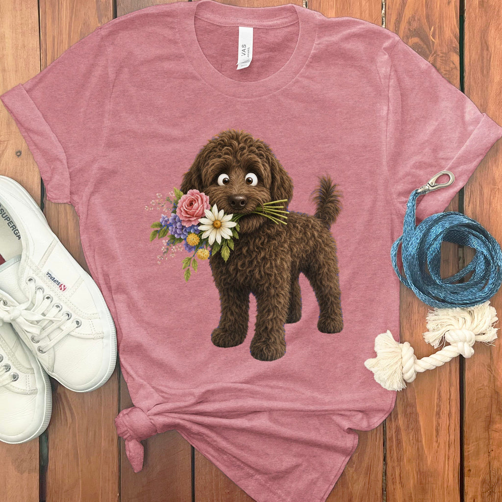Chocolate Goldendoodle Flower Shop T-Shirt in Heather Mauve / S by Puppy Jo