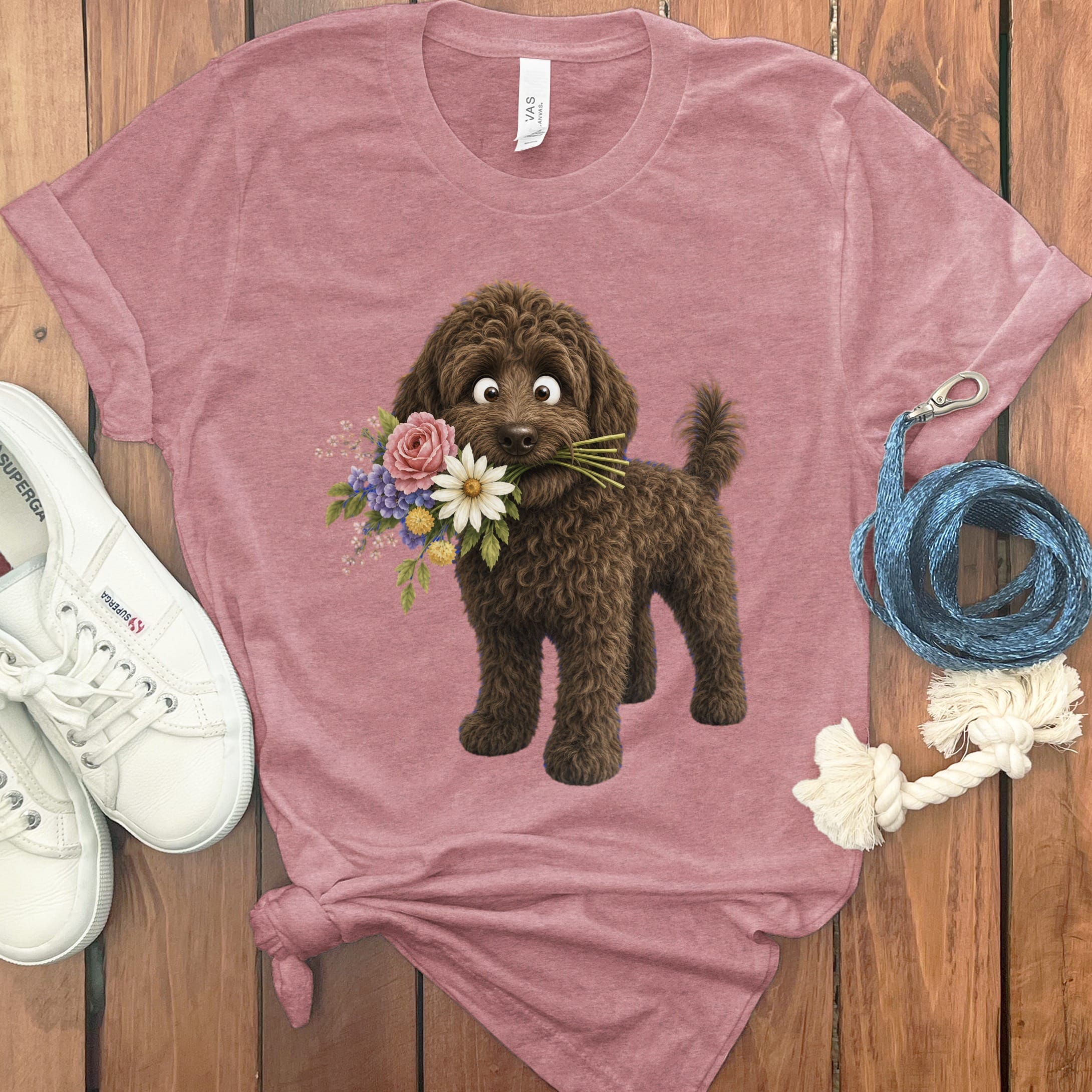 Chocolate Goldendoodle Flower Shop T-Shirt in Heather Mauve / S by Puppy Jo