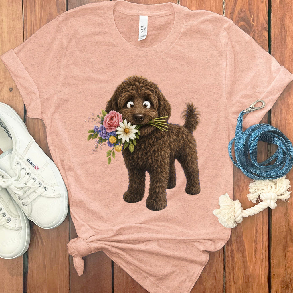 Chocolate Goldendoodle Flower Shop T-Shirt in Heather Peach / S by Puppy Jo