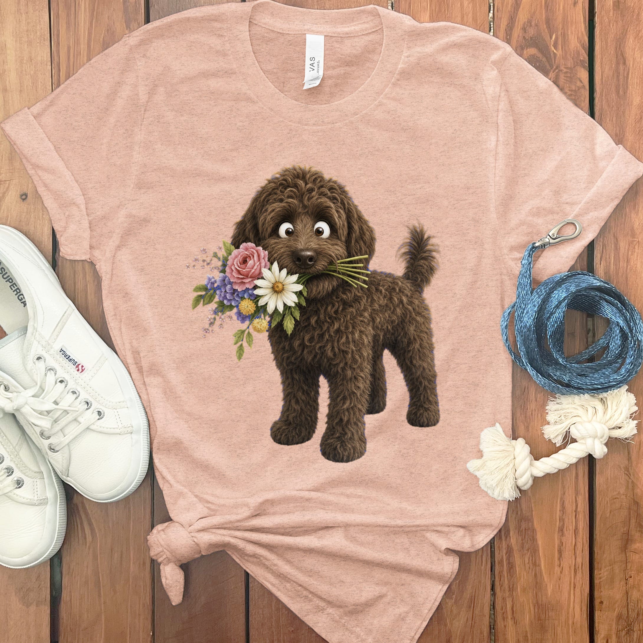 Chocolate Goldendoodle Flower Shop T-Shirt in Heather Peach / S by Puppy Jo