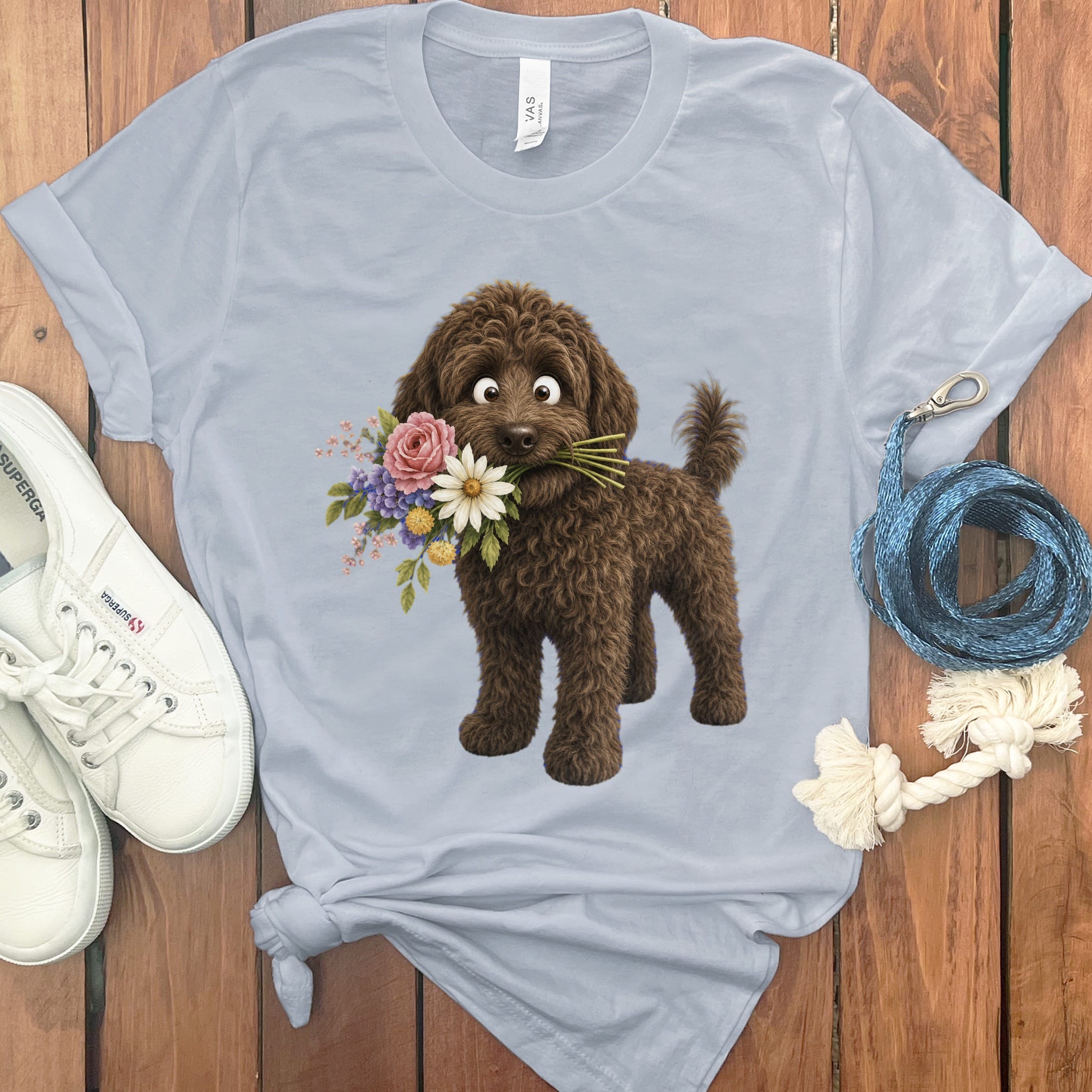 Chocolate Goldendoodle Flower Shop T-Shirt in Light Blue / S by Puppy Jo
