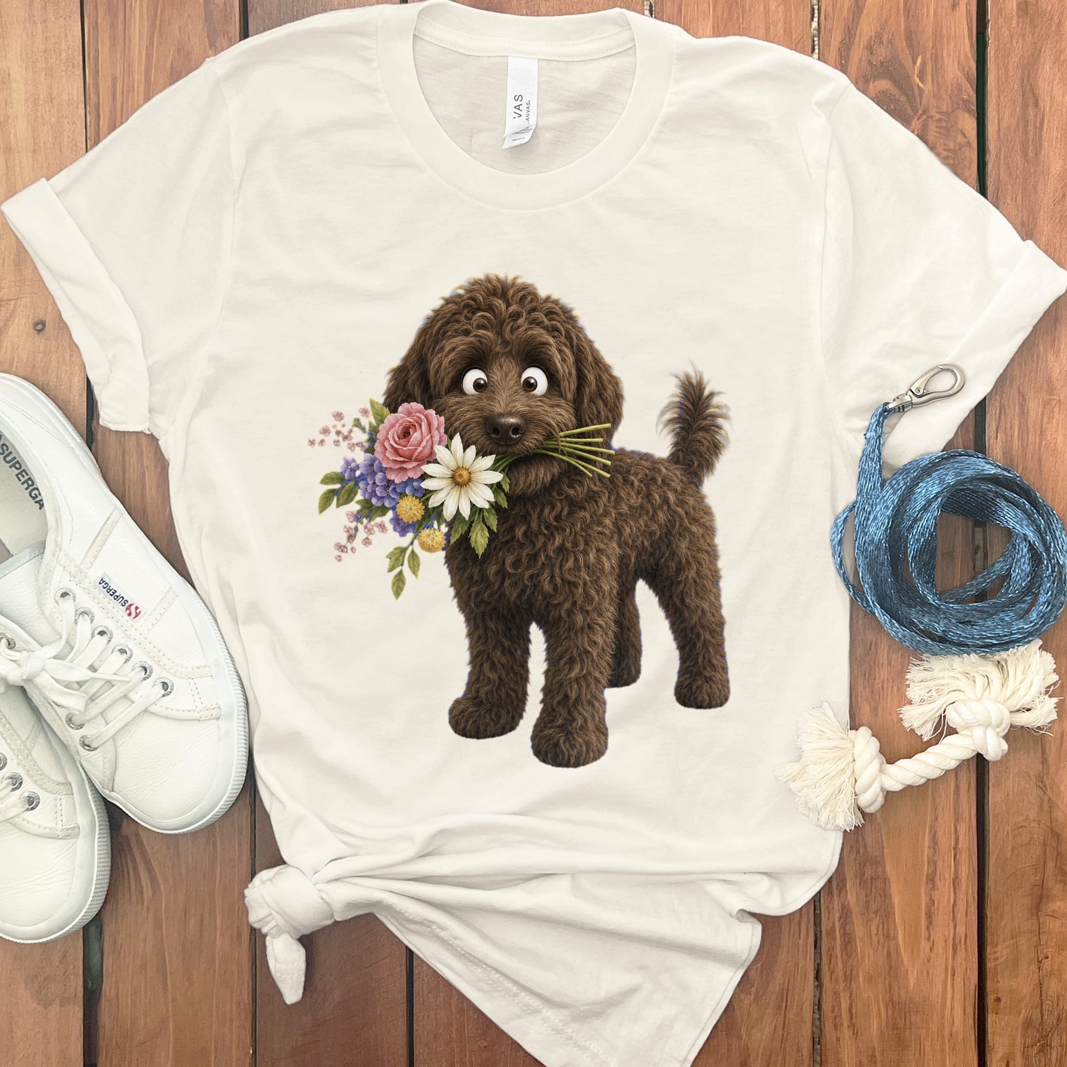Chocolate Goldendoodle Flower Shop T-Shirt in Natural / S by Puppy Jo