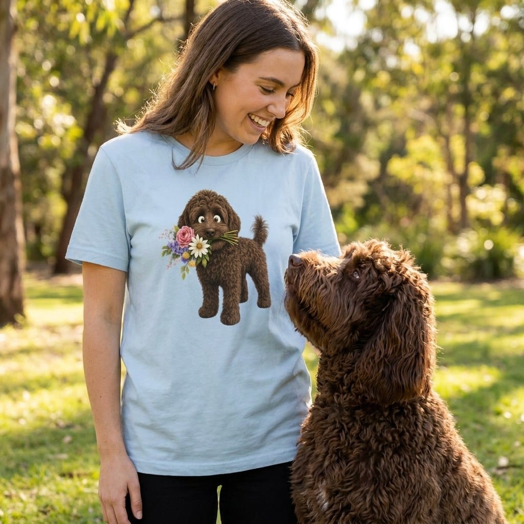 Chocolate Goldendoodle Flower Shop T-Shirt in by Puppy Jo