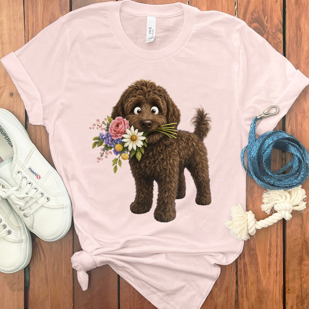 Chocolate Goldendoodle Flower Shop T-Shirt in Soft Pink / S by Puppy Jo