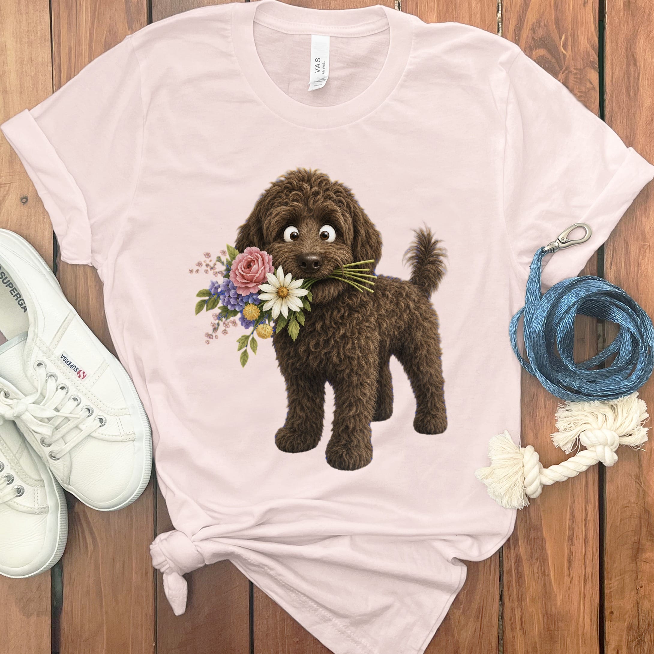 Chocolate Goldendoodle Flower Shop T-Shirt in Soft Pink / S by Puppy Jo